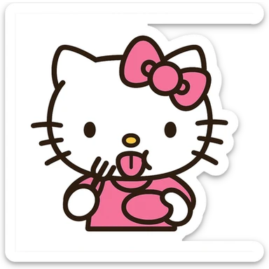 Hungry Hello Kitty emoticon, pink and white girly aesthetic, icon style sticker