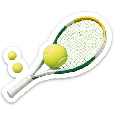 A tennis racket and ball placed on the grass court, with the lines of the court clearly visible in the background. The scene captures the essence of the sport, highlighting the equipment and the vibrant, open atmosphere of a tennis match sticker