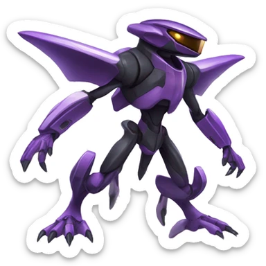 a shiny black-purple Genesect-Raptor-Fakémon—hybrid with a futuristic visor-helmet full body sticker