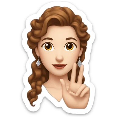 white beautiful woman, brown wavy hair, heart gesture by hands, long earrings sticker