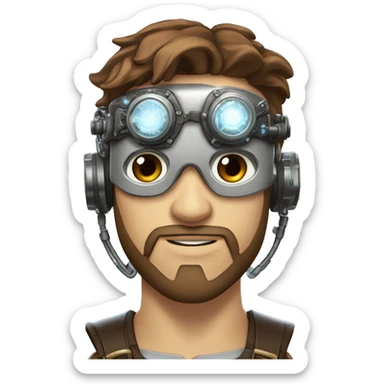 male cyborg head with brown short hair, brown beard, silver steampunk goggles and circuitry sticker