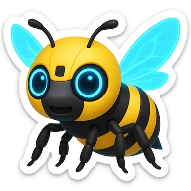 Create a robotic bee with blue translucent energy wings in the style of apple emojis, focusing on concise and clear emoji style representation. sticker