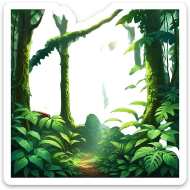 Cinematic Realistic Rainforest Emoji in a wooden frame, Lush and vibrant, filled with towering trees, thick vines, and dense green foliage, sunlight filtering through the canopy above, creating dappled patches of light on the rich, diverse undergrowth. The air is heavy with moisture, with mist rising from the forest floor and distant calls of exotic birds and animals echoing through the trees. Soft glowing outline, capturing the essence of a thriving, untamed tropical paradise filled with life! sticker