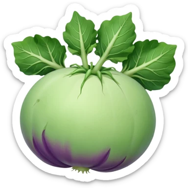 whole kohlrabi, round, slightly flattened, smooth pale green or light purple skin, a few short leafy stems at the top, firm with gentle bumps and faint lines, soft lighting, emoji scale sticker