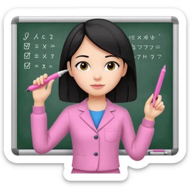 a girl with black straight like hair wearing pink not hot pink 2 piece set teaching up on a board sticker
