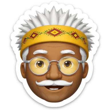 50 year old man, spiky hair, winking one eye, smiling brightly, black skin, raised eyebrows, wearing glasses, white hair and beard, wearing a yellow hat like a tribal chief, emoji style, style 4 sticker