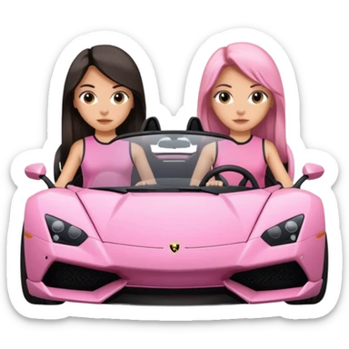 Make car far away so I can see full car Car facing forward in sports car. Make hair long  two girls in car far away Front of car sitting in the seats. Make it a pink sports car. They are two baddies make it a Lamborghini pink car  sticker