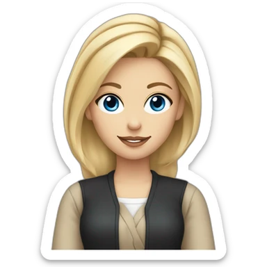 female designer with pen behind ear, blonde bun, black shirt, beige cardigan, blue eyes sticker