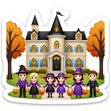 People trick or treating at a mansion sticker