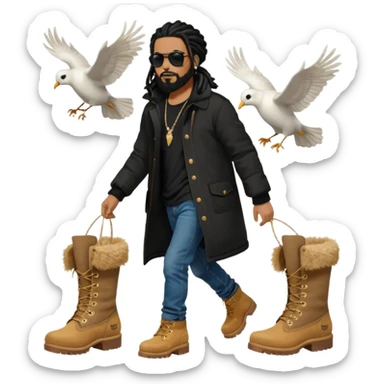 African American man with shoulder length black dreadlocks with black beard wearing black sunglasses wearing a black bubble winter coat wearing denim skinny jeans wearing wheat timberland boots walking with a white dove flying behind him sticker