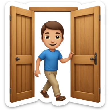 a door opening with a smiling client walking in sticker