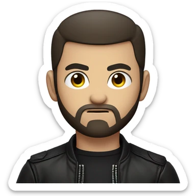 young man with very short dark brown hair and beard,buzzcut,  cool outfit, black leather jacket and black shirt underneath, evil look, angry look, very angry sticker