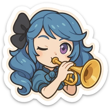 chibi style emote of Gwen from League of Legends, just the head, right eye purple, playing a trumpet, winking sticker