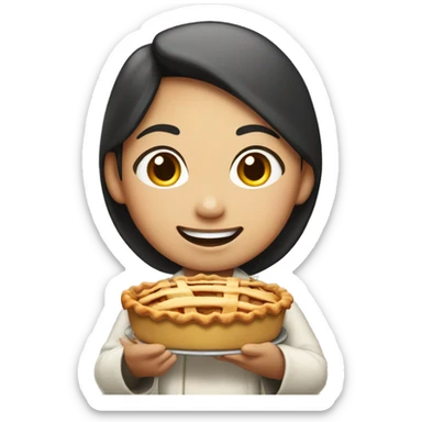 Asian pilgrim girl holding a steaming apple pie with a proud smile. sticker