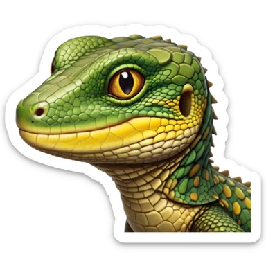 cinematic-realistic-cute-monitor-lizard-portrait-emoji,-head-tilted-playfully-and-inquisitively,-featuring-a-compact,-agile-body-with-finely-detailed,-glossy-scales-in-earthy-olive-hues-and-a-distinct,-alert-face-with-bright,-curious-eyes, yellow, brown spotted and green multi coloured  scales sticker