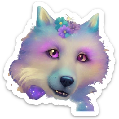 iridescent kintsugi fluffy zombie dog fox head zombie skull skeleton gold mechanical nebula galaxy stars colorful flowers fairy lights vintage zombie sticker