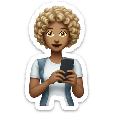 A￼ white woman with down curly hair  holding her phone sticker