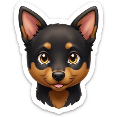 Cinematic Cute Black and Tan Kelpie Portrait Emoji, Head tilted playfully and inquisitively, featuring a sleek black Fur with vibrant tan markings, round, sparkling dark eyes filled with curiosity, Simplified yet irresistibly adorable features, highly detailed, glowing with a warm, friendly glow, high shine, affectionate and spirited, stylized with a touch of whimsy, bright and endearing, soft glowing outline, capturing the essence of a mischievous yet loving herder, so playful it feels like it could leap out of the screen and into your arms! sticker