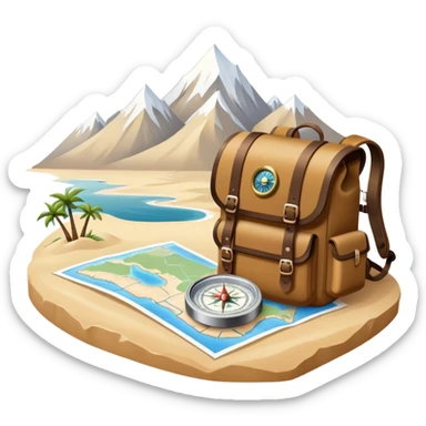 Icon for Expeditions: a compass, a map, a backpack and a rugged expedition jeep, set against a backdrop of snowy mountains, sand dunes and tropical islands. The icon should capture the spirit of adventure and exploration in diverse landscapes. Transparent background. sticker