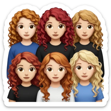 5 girls. The 1st girl has curly read hair. The 2nd girl has dyed blonde hair with brunette roots and she had mid-length hair that is wavy. The 3rd girl has long wavy brunette hair. The 4th girl has mid-length straight brunette hair. The 5th girl has black hair that is mid-length and wavy. sticker