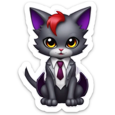 Anthro-Cute-Edgy-Vampiric-Batty-Cat-Black-Purple-Red-Grey-White-Yellow-Contrast-Colors-Fantasy-Fur-Sona-Chibi-Shiny-Fakémon-Hybrid with horns and big fangs, neck tie, leg spats full body sticker