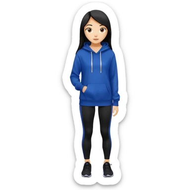 A pretty white/asian tanned girl with medium long strait dark brown almost black hair wearing a royal blue hoodie and black leggings  sticker