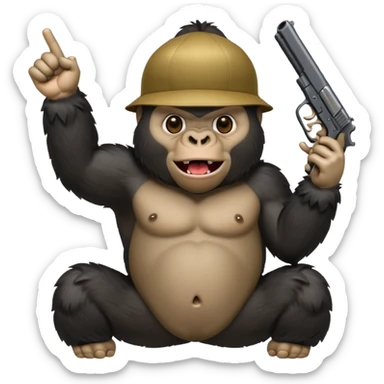 A gorilla holding a gun in the air making a silly face sticker