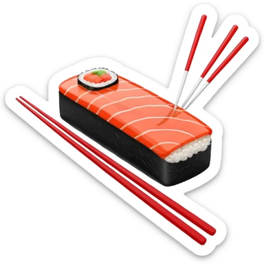 Japanese cuisine humanless avatar in minimalist emoji-style illustration. Sushi, roll and 2 chopsticks, clean lines, red white colors, flat design, calm and modern. sticker