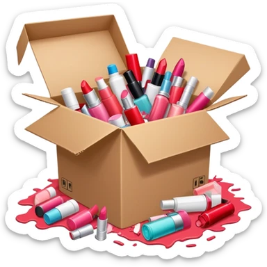cardboard box bursting open with lipsticks, shampoo, and nail polish scattered everywhere, symbolizing disorganization sticker