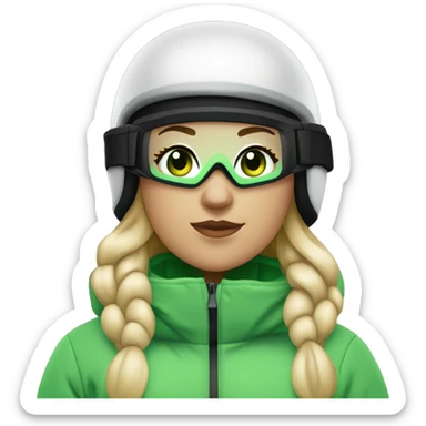 Green-eyed, fat female skier with medium-length straight blonde hair no curls, snow goggles on top of helmet, white ski helmet, gray snow jacket, green ski gloves, long black pants rolled up at the bottom, black only snow boots standing tall. sticker