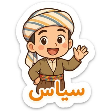 Create a colorful and cheerful Kurdish cartoon sticker with traditional clothing exactly like the reference image. Add the Kurdish text 'سپاس' in a vibrant and happy style, suitable for WhatsApp and Instagram, with a transparent background. sticker