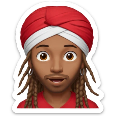 Brownskin man with long brown dreadlocks 
red t-shirt 
white turban 
expression is in love 
his eyes mouth open  sticker