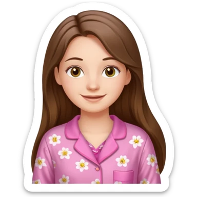 happy white long brunette hair girl with hazel eyes and in pink pajamas sticker