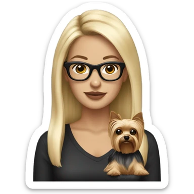 Beautiful white woman, long blonde hair and black glasses holding Yorkshire terrier sticker
