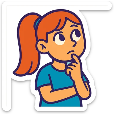 girl character with long straight hair in a ponytail and a thoughtful expression, vibrant cartoon style sticker