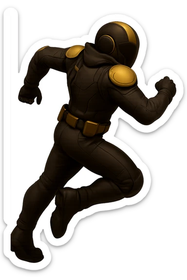Edit the armored soldier image to show the soldier from the rear, turning to run. Match the original style and colors exactly, with a transparent background. sticker