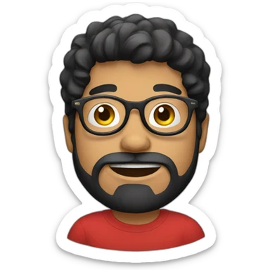 boy with black hair, round glasses, beard, red tshirt sticker