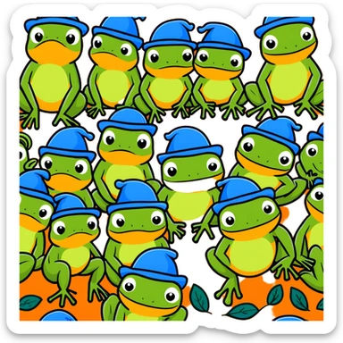 a family of frogs wearing blue hats, parent frogs and baby frogs all together sticker