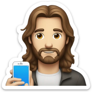 man with brown long hair, a beard and blue eyes holding an iphone sticker