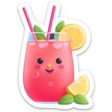 vibrant memoji-style character as glass of strawberry spritz lemonade with transparent body, sparkling pink liquid, strawberry slices, bubbles, cute face, mint garnish, lemon slice, striped straw, refreshing summery sticker
