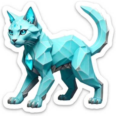 This fascinating hybrid creature combines the rocky ferocity of Boulderbite with the mystical elegance of Etherfeline. The result is a creature with a core body composed of angular, faceted stones in varying shades of turquoise and gray. From the cracks between these stones emanates a soft blue ethereal glow. It has the general shape of a feline, but with crystalline rock formations creating its limbs and body. Its large, expressive eyes feature purple irises with amber outer rings, giving it a hypnotic gaze. The creature sports pointed ears lined with purple crystal formations, and a tuft of blue flame-like energy flows from its head and along its spine. Its tail is a flexible chain of smaller rocks wrapped in the same ethereal blue energy. When it opens its mouth, sharp crystalline teeth are revealed, though its expression is more mysterious than threatening. Small whisker-like energy tendrils extend from its muzzle, occasionally emitting tiny ice crystals. full body sticker