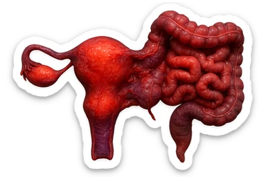 utero umano anatomico iperrealistico e intestino umano anatomico iperrealistico hanno in comune il dolore e l'infiammazione, rendi bene il collegamento tra i due organi doloranti, falla iperrealistica, non disegnata, fai colori che si adattano a questo viola #971ef1 sticker