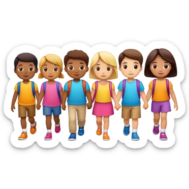 group of children walking in a line, fun and supportive sticker