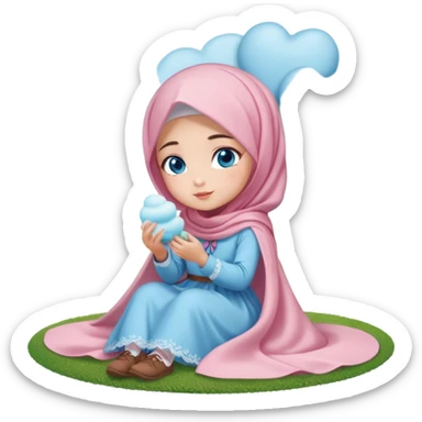 Turkish beautiful finish Konya girl blue eyes with cotton candy hijab long tail dress and sits on the grass on the ground and sends hearts with her hand  sticker