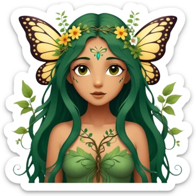 Cinematic Realistic Forest Nymph Fairy Portrait, depicted with lifelike, sun-kissed tanned skin that radiates an earthy glow, softly illuminated by natural, dappled light. Her long, flowing dark green hair is intricately detailed and interwoven with delicate vines and wildflowers, while her deep, soulful eyes mirror the wisdom of the forest. Dressed in an attire inspired by nature’s palette—with subtle botanical motifs—the portrait exudes a soft, enchanted glow that melds realism with woodland magic showing her large butterfly wings. sticker
