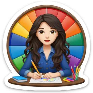 female dark wavy long hair graphic designer , big color wheel behind , pens, papers, desktop sticker