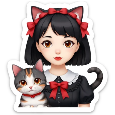 girl wearing black Lolita style dress, with medium-length black hair with red tips, and an American Shorthair tabby cat sticker
