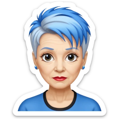 reife frau, achtzigJahre alt kein kind! freche extreme schwarze Kurzhaarfrisur eine Seite wirklich fast keine Haare andere Seite mit blauer Strähne kurze Seite noch viel kürzer sticker