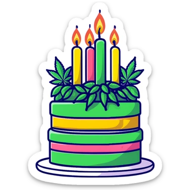 Festive birthday cake with cannabis leaf decorations and birthday candles sticker