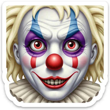 Extremely detailed image of a terrifyingly creepy clown, each lash, eye, and hair is shown in stunning detail as though captured in a timeless photograph, rich textures, visually rich, so lifelike that it feels like it could leap off the page at any moment sticker